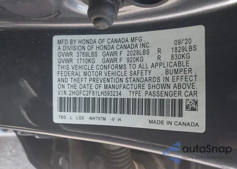 2020 Honda Civic Sport from USA, damaged, VIN 2HGFC2F81LH593234